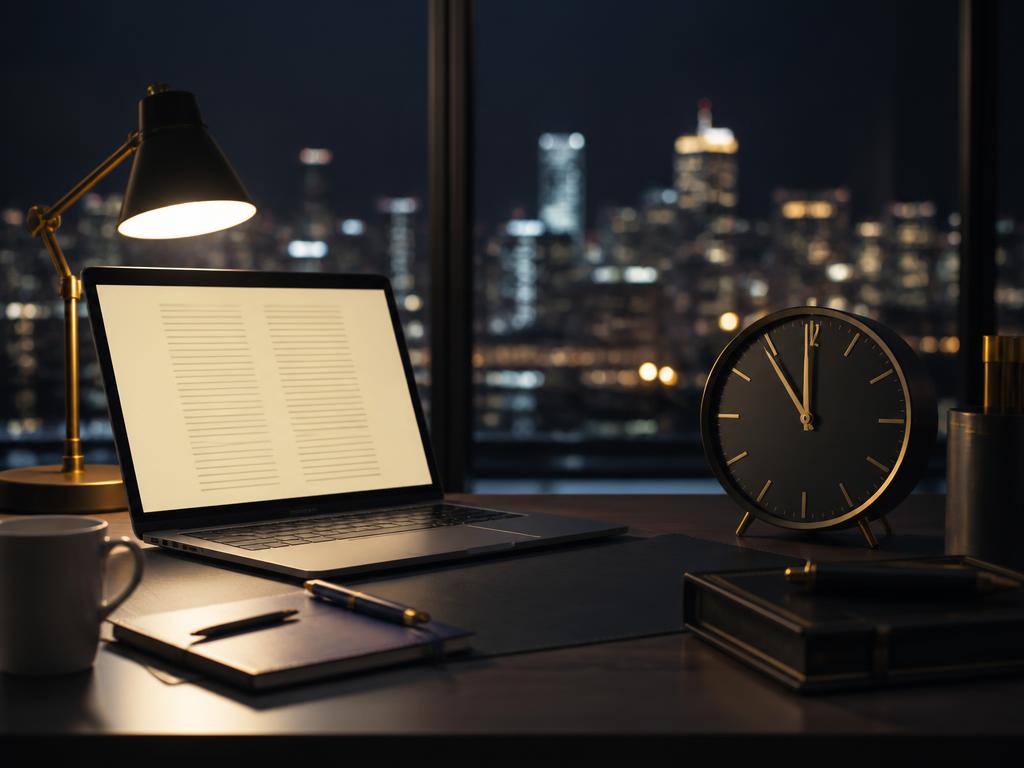 Overnight transcription desk with laptop and clock at midnight