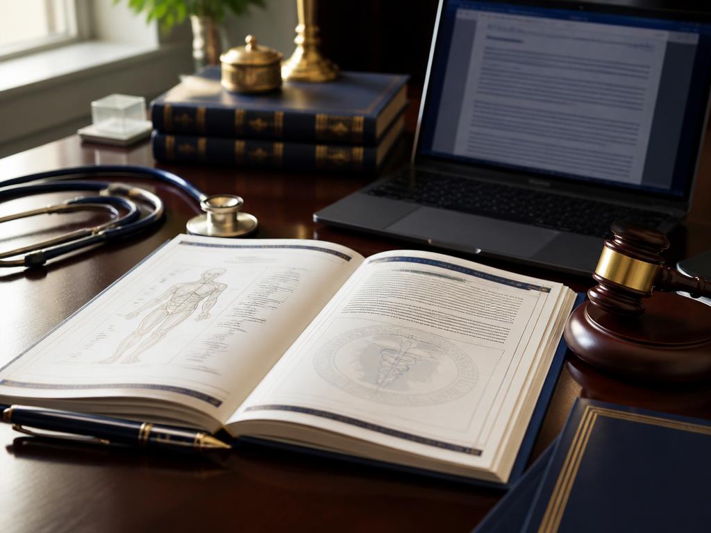 Medical-legal evaluation workspace with report, stethoscope, and gavel