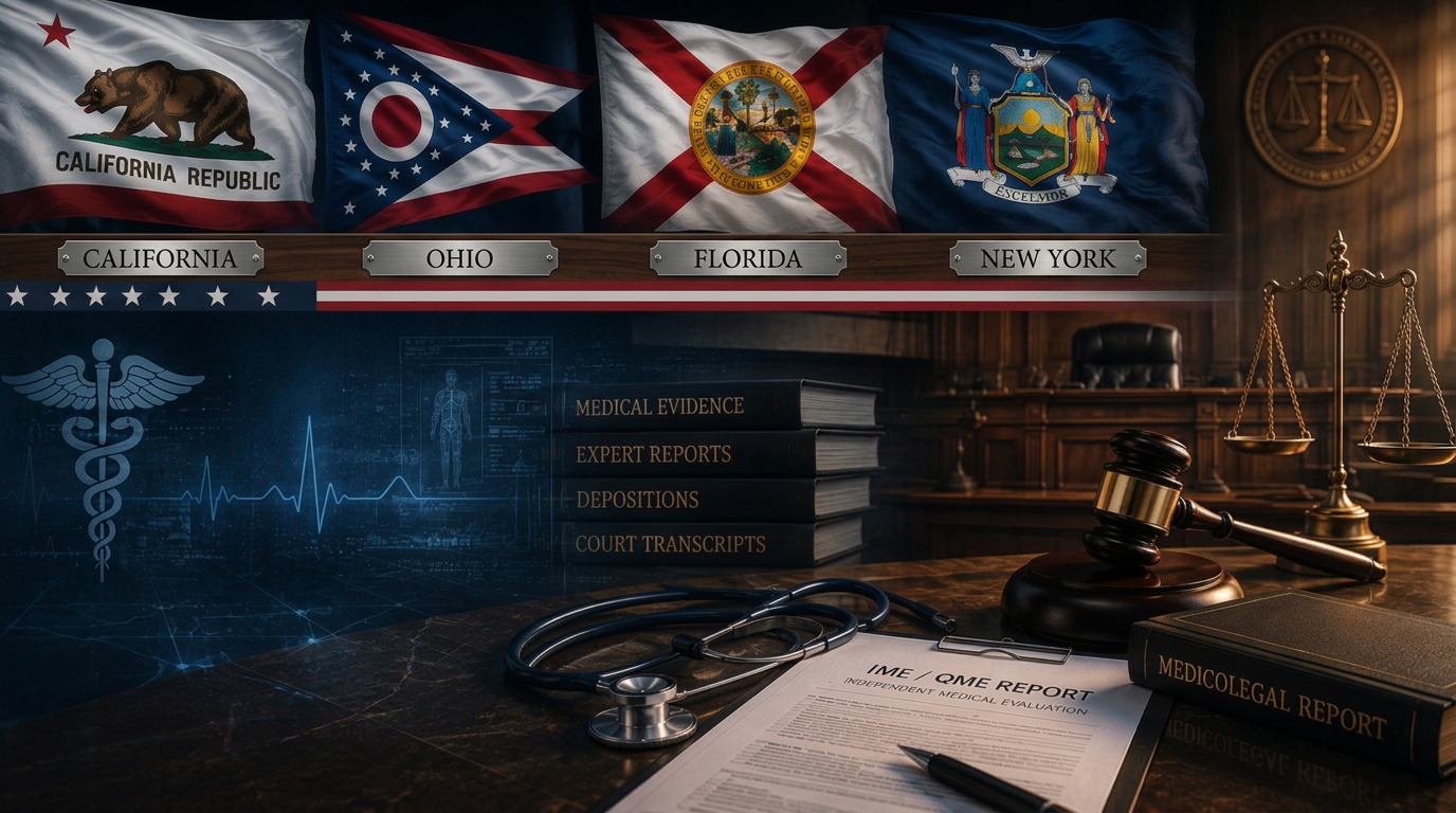 Flags of California, Ohio, Florida and New York above a desk with a stethoscope, gavel, scales of justice and an IME/QME medicolegal report