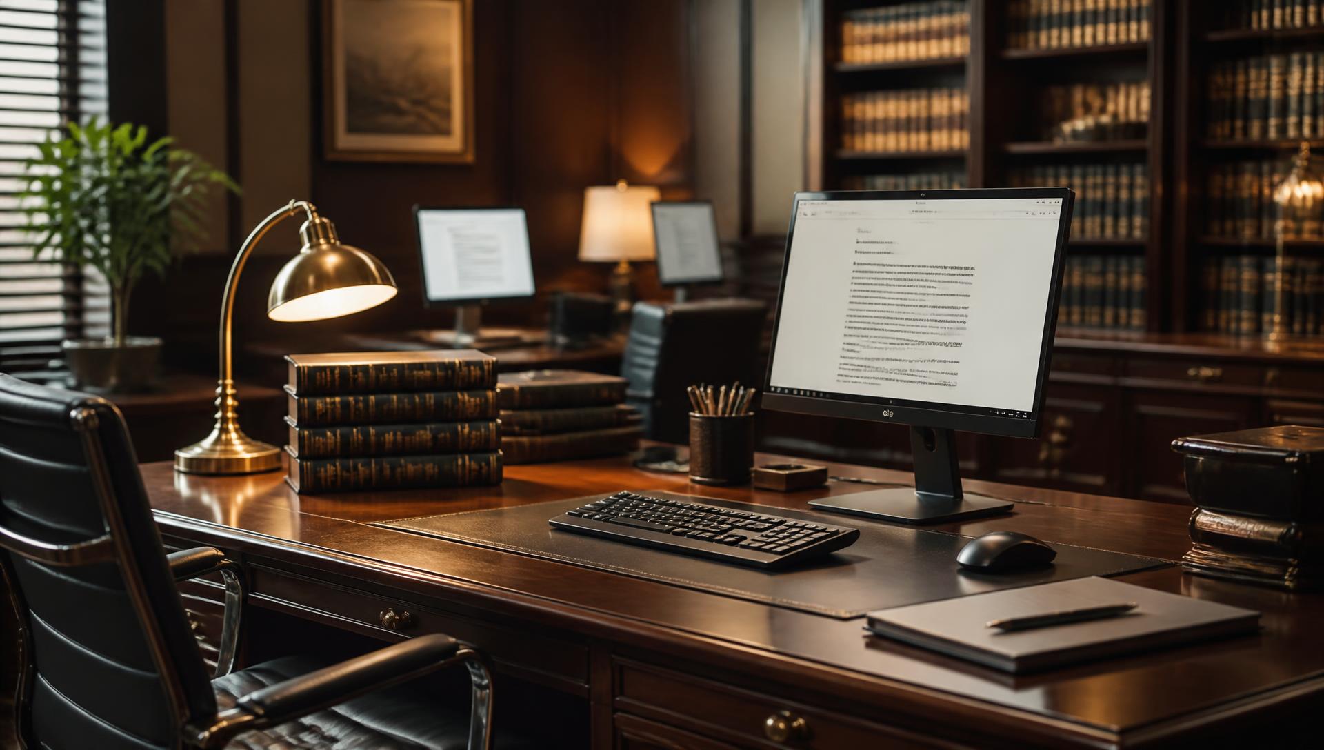 Legal transcription office with polished dark wood desks and monitors displaying medical-legal reports
