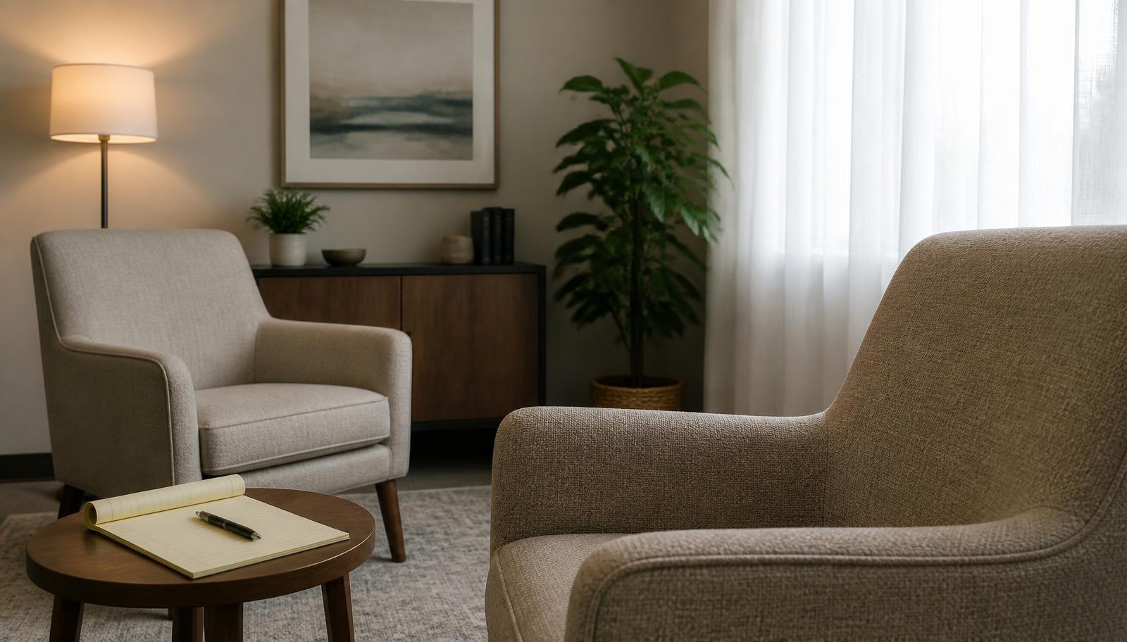 Quiet psychiatric consultation office with two chairs and a notepad, set up for an independent psychiatric evaluation