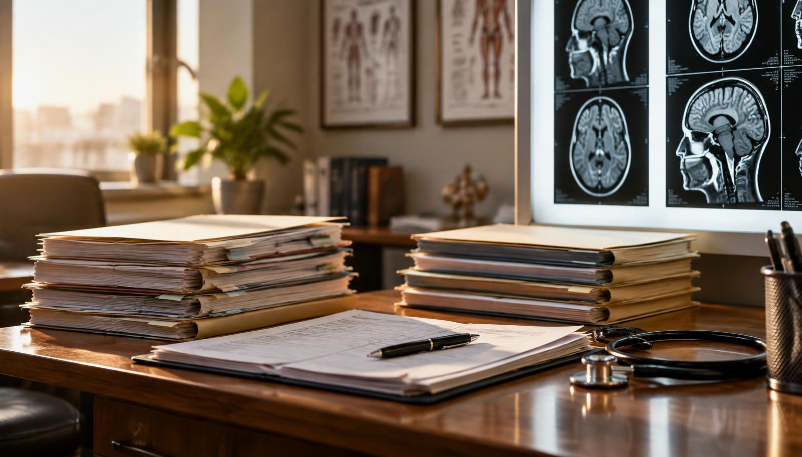 Stacks of organized medical records and folders on a physician&rsquo;s desk beside imaging films on a lightbox