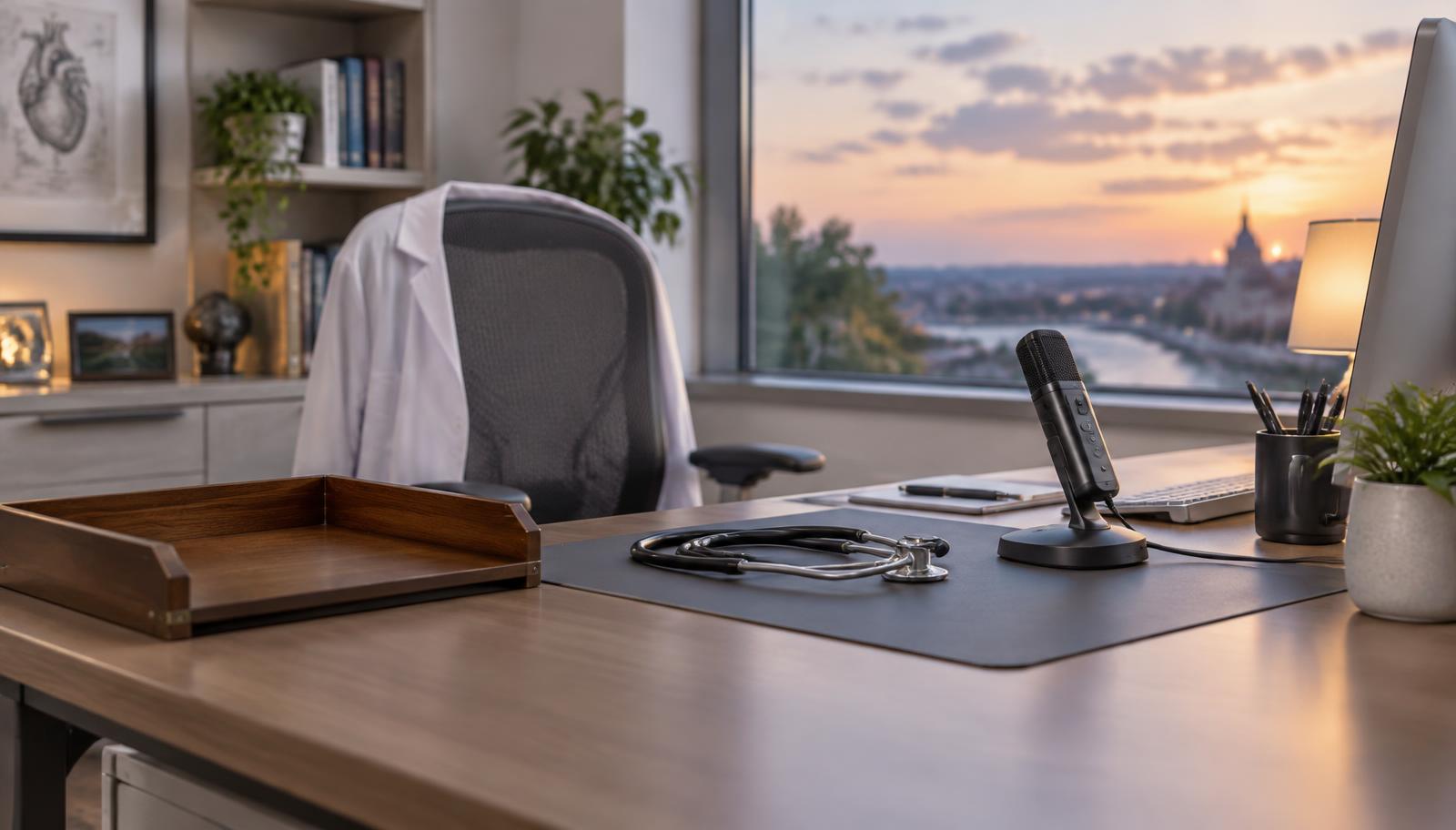 A physician&rsquo;s tidy desk at dusk with a dictation microphone and an empty tray where pending reports used to sit