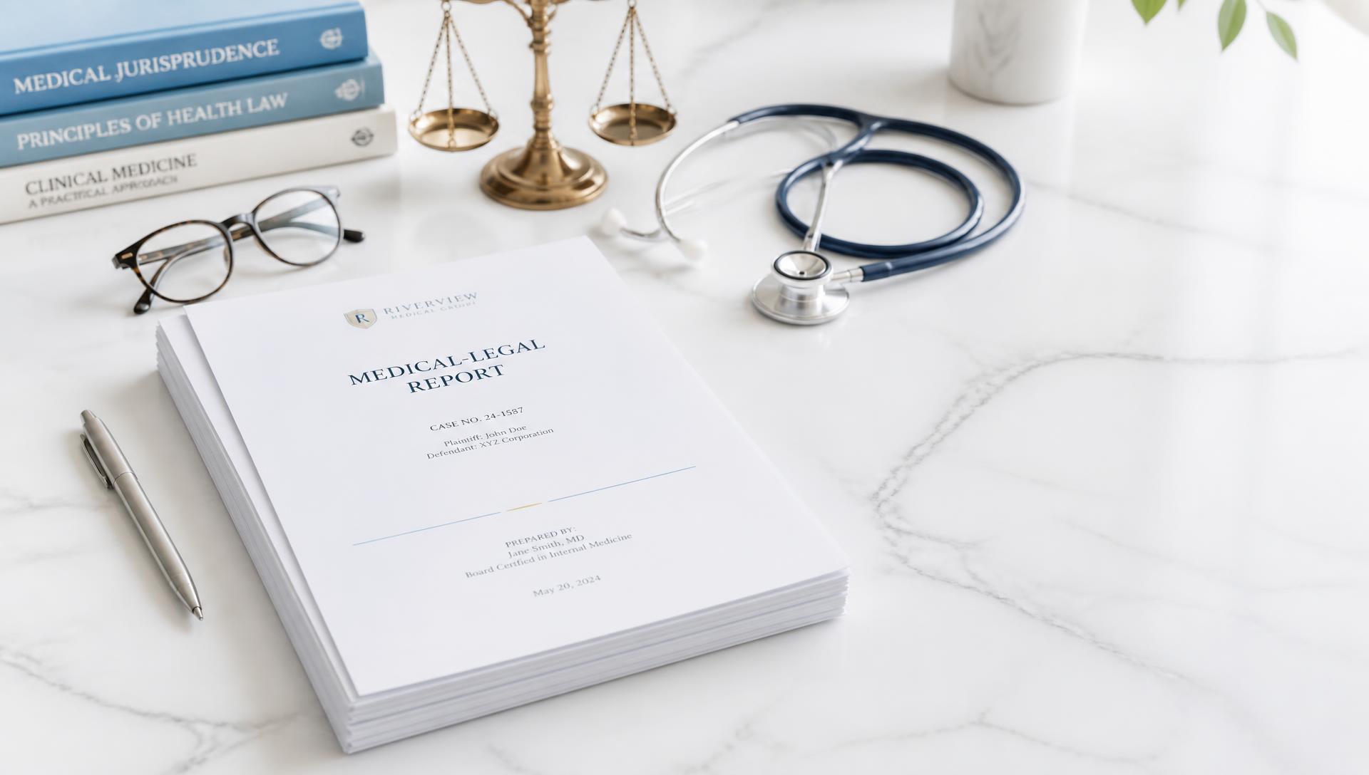 Bright desk with a printed medical-legal report, reading glasses, brass scales of justice and a stethoscope